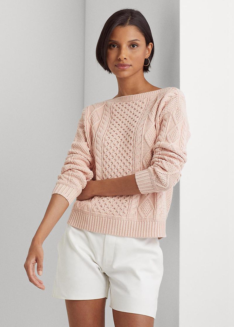 Sueter Lauren Mujer Aran-Knit Cotton Boatneck Jumper Chile Rosas FGKPY-7453